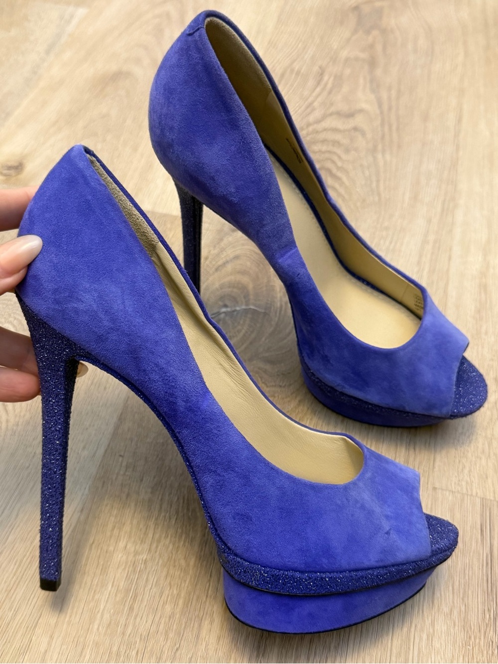 Brian Atwood BFFlorencia Blue Suede Peep-Toe Platform Pumps
